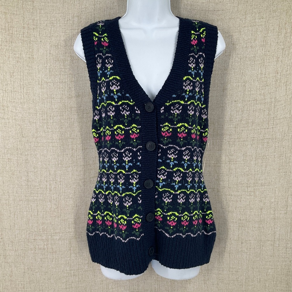 Maeve Sweater Vest Women S Navy Wool Floral Fair Isle Boho Preppy Academia NEW